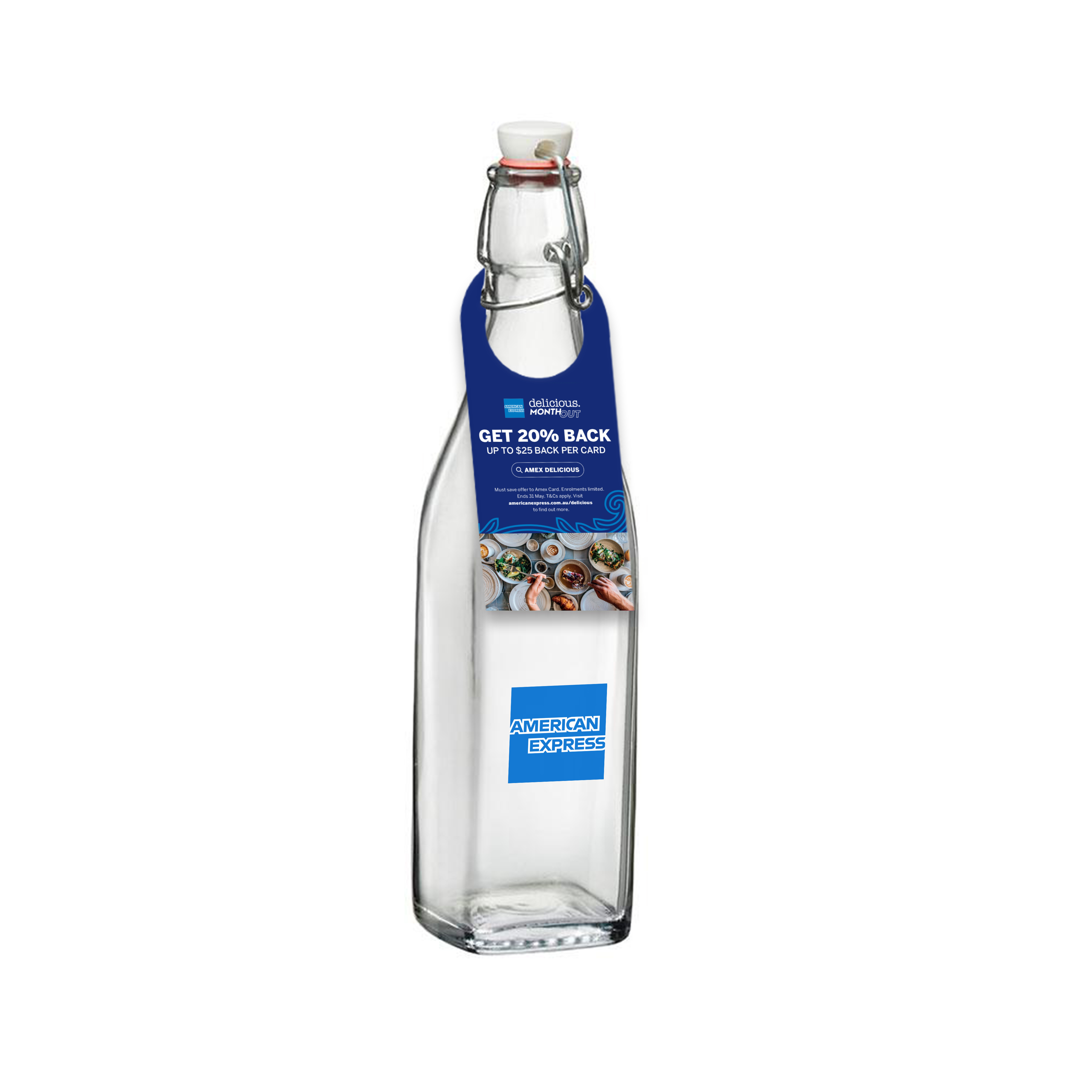 Glass Water Serving Bottle and Bottle Neckers American Express Signs